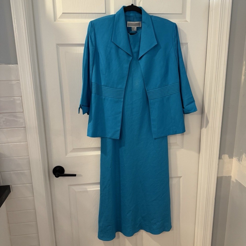 Jessica Howard Linen blend  Blue Pin Tuck Pleats Dress Suit Mother Bride Sz 10